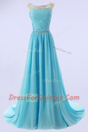 Sophisticated Baby Blue Zipper Scoop Beading Chiffon Sleeveless Sweep Train