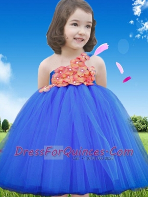 Royal Blue A-Line Tulle One Shoulder Modest Appliques Little Girl Dress for 2014