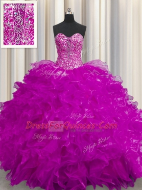 Pretty See Through Organza Sweetheart Sleeveless Lace Up Beading and Ruffles Quinceanera Gown in Fuchsia