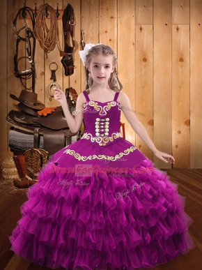 Cheap Floor Length Fuchsia Pageant Gowns Organza Sleeveless Embroidery and Ruffled Layers