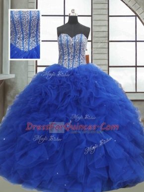 Hot Sale Sleeveless Lace Up Floor Length Beading and Ruffles and Sequins 15 Quinceanera Dress