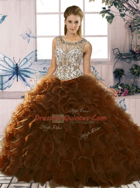 Brown Lace Up Vestidos de Quinceanera Beading and Ruffles Sleeveless Floor Length