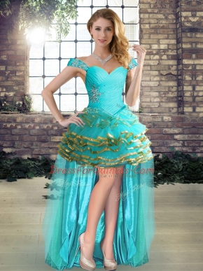Aqua Blue Lace Up Dress for Prom Beading and Ruffled Layers Sleeveless High Low