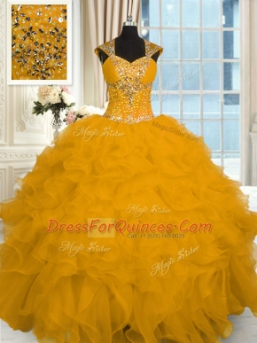 Beading and Ruffles Vestidos de Quinceanera Gold Lace Up Cap Sleeves Floor Length