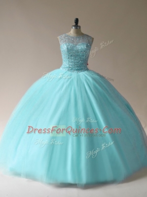 Scoop Sleeveless Sweet 16 Dresses Floor Length Beading Aqua Blue Tulle