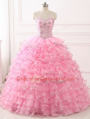 Vintage Sleeveless Organza Sweep Train Lace Up Ball Gown Prom Dress in Baby Pink with Beading and Ruffled Layers