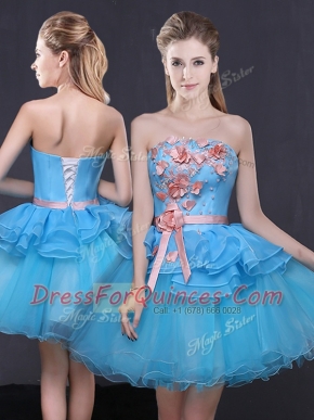 Blue A-line Tulle Strapless Sleeveless Hand Made Flower Mini Length Lace Up Prom Evening Gown