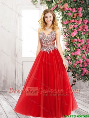 Discount A Line V Neck Red Prom Dresses with Beading