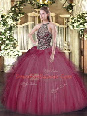 Deluxe Sleeveless Tulle Floor Length Lace Up Quinceanera Dress in Burgundy with Beading