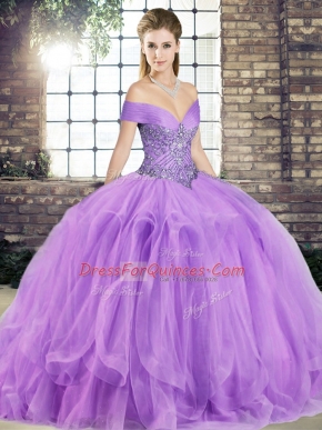 Lavender Ball Gowns Tulle Off The Shoulder Sleeveless Beading and Ruffles Floor Length Lace Up Quinceanera Dresses