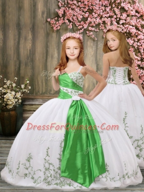 Sleeveless Lace Up Floor Length Embroidery and Belt Little Girls Pageant Dress