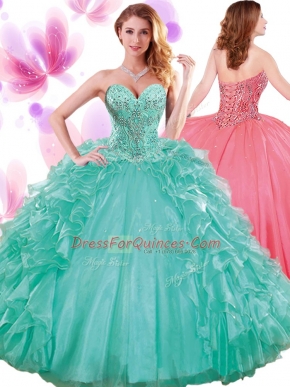 Fine Sleeveless Lace Up Floor Length Beading and Ruffles and Pick Ups Quince Ball Gowns