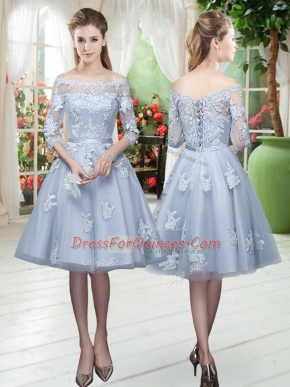 Grey A-line Appliques Prom Evening Gown Lace Up Tulle 3 4 Length Sleeve Knee Length
