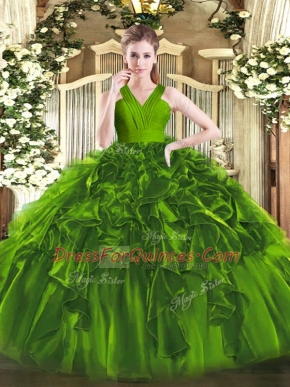 Floor Length Olive Green Ball Gown Prom Dress V-neck Sleeveless Zipper