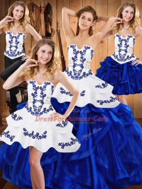 Floor Length Lace Up Sweet 16 Quinceanera Dress Blue for Military Ball and Sweet 16 and Quinceanera with Embroidery and Ruffles