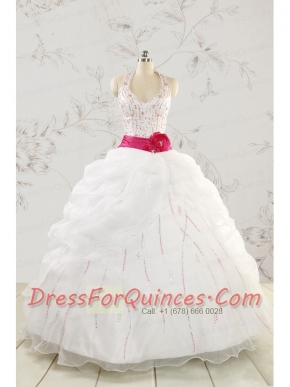 Elegant Halter Belt Beading White Quinceanera Dresses for 2015