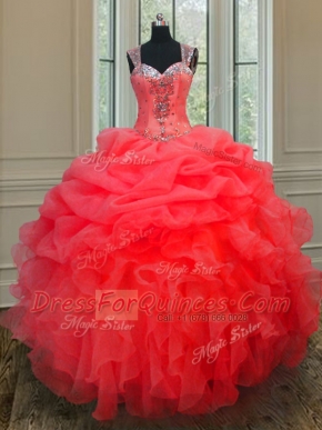 Elegant Straps Coral Red Sleeveless Organza Zipper Sweet 16 Quinceanera Dress for Military Ball and Sweet 16 and Quinceanera