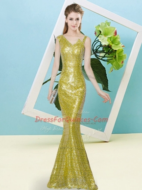 Yellow Mermaid Sequined Asymmetric Sleeveless Sequins Floor Length Zipper Prom Evening Gown