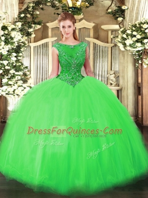 Stylish Green Zipper Scoop Beading Sweet 16 Quinceanera Dress Tulle Sleeveless