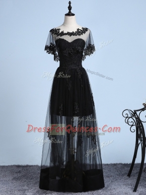 Graceful Black Short Sleeves Tulle Backless Evening Dress for Prom and Party and Sweet 16