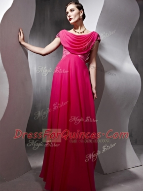 Fabulous Scoop Cap Sleeves Chiffon Floor Length Side Zipper Prom Party Dress in Hot Pink with Beading and Ruching