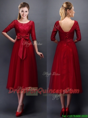 Gorgeous Scoop Half Sleeves Bowknot Dama Dresses in Wine Red