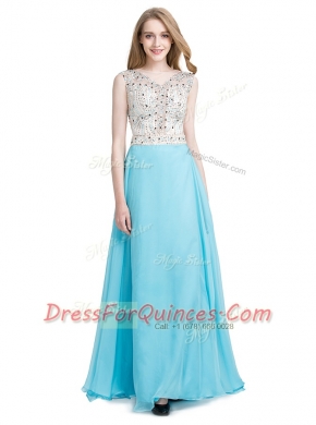 Traditional Chiffon Scoop Sleeveless Zipper Beading Homecoming Dress in Aqua Blue