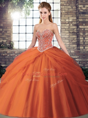Custom Design Orange Red Ball Gowns Beading and Pick Ups Quinceanera Dress Lace Up Tulle Sleeveless