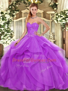 Lilac Ball Gowns Sweetheart Sleeveless Tulle Floor Length Lace Up Beading and Ruffles Quinceanera Dress