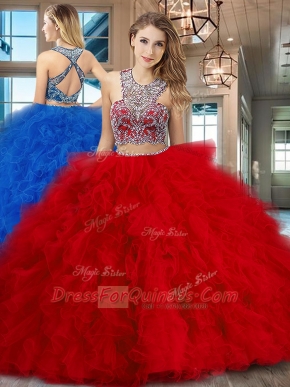 Criss Cross Scoop Sleeveless Sweet 16 Dresses With Brush Train Beading and Ruffles Red Tulle