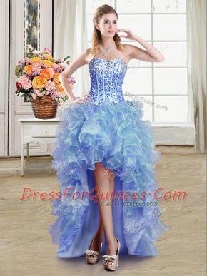 Modern High Low Blue Organza Sleeveless Sequins
