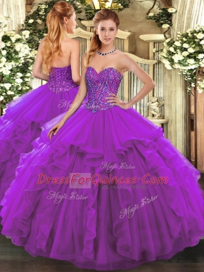 Tulle Sweetheart Sleeveless Lace Up Beading and Ruffles Sweet 16 Quinceanera Dress in Eggplant Purple