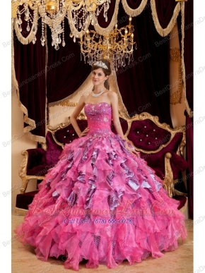 Hot Pink Ball Gown Sweetheart Floor-length Beading Leopard and Organza Quinceanera Dress