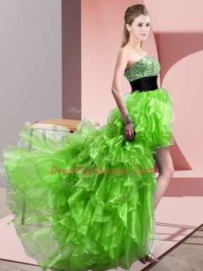 High Low Prom Party Dress Organza Sleeveless Beading and Ruffles