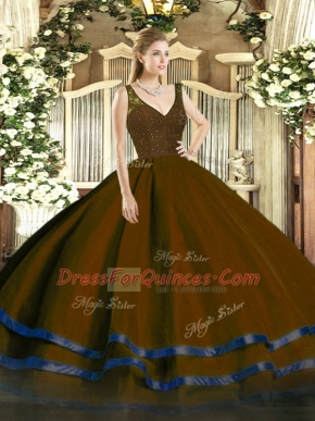 Attractive Brown V-neck Neckline Beading and Ruffled Layers Vestidos de Quinceanera Sleeveless Zipper