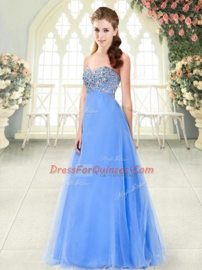 Blue Sleeveless Beading Floor Length Prom Evening Gown