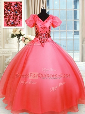 Modest Appliques Sweet 16 Quinceanera Dress Coral Red Lace Up Short Sleeves Floor Length