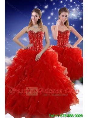 2015 Elegant Red Sweet 15 Dresses with Beading and Ruffles