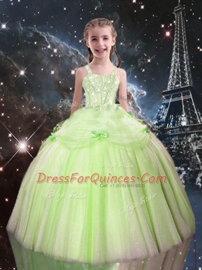 Floor Length Yellow Green Little Girls Pageant Dress Tulle Sleeveless Beading