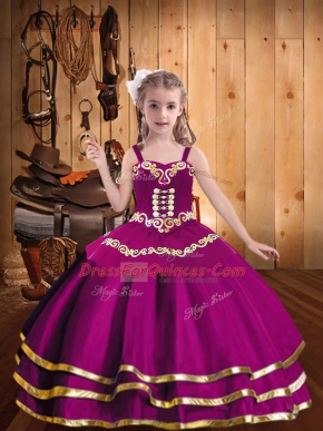 Graceful Floor Length Fuchsia Little Girls Pageant Dress Wholesale Straps Sleeveless Lace Up