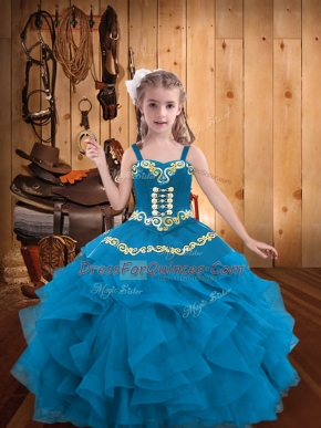 Gorgeous Blue Straps Neckline Embroidery and Ruffles Pageant Dress Womens Sleeveless Lace Up