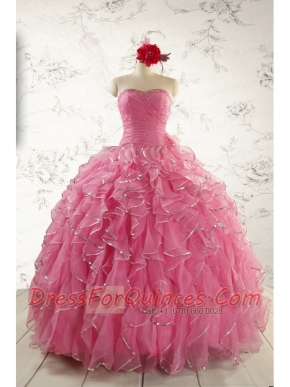 2015 Pretty Beading Quinceanera Dresses in Rose Pink