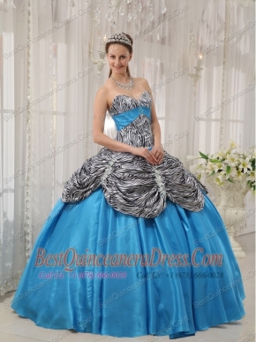 Aqua Blue Ball Gown Sweetheart Floor-length Taffeta and Zebra Quinceanera Dress