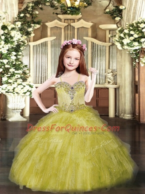 Olive Green Tulle Lace Up Little Girls Pageant Gowns Sleeveless Floor Length Beading and Ruffles