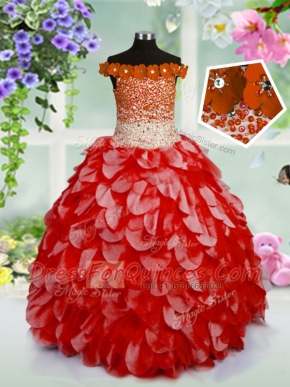 New Style Off the Shoulder Organza Sleeveless High Low Flower Girl Dresses for Less and Beading and Hand Made Flower