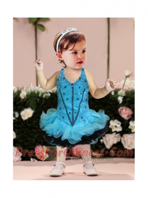 Cute A-Line Halter Top Tea-length Appliques Bowknot Blue and Black Little Girl Dresses
