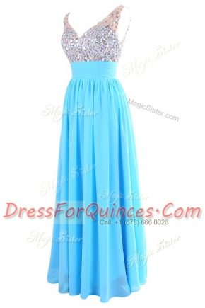 Classical Floor Length Column/Sheath Sleeveless Aqua Blue Evening Dress Zipper