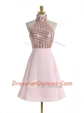 Halter Top Sleeveless Chiffon Knee Length Backless Homecoming Dress in Baby Pink with Sequins