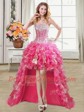 Cute Beading and Ruffles and Sequins Hot Pink Lace Up Sleeveless High Low