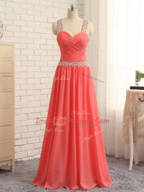 Artistic Floor Length Criss Cross Prom Evening Gown Watermelon Red for Prom and Party and Wedding Party with Beading and Ruching